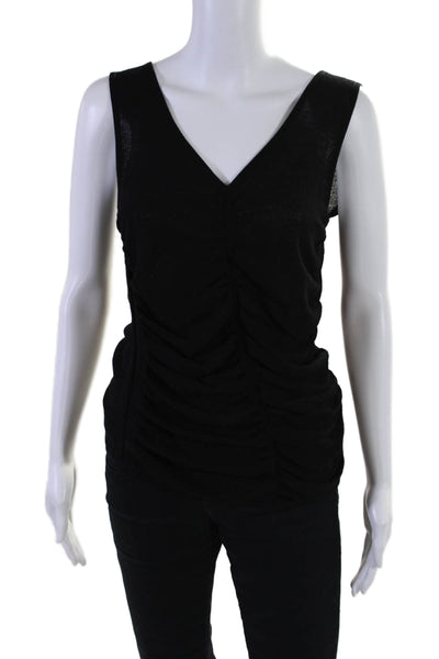 Escada Womens Wool Terry Ruched Front Sleeveless V-Neck Blouse Top Black Size 40