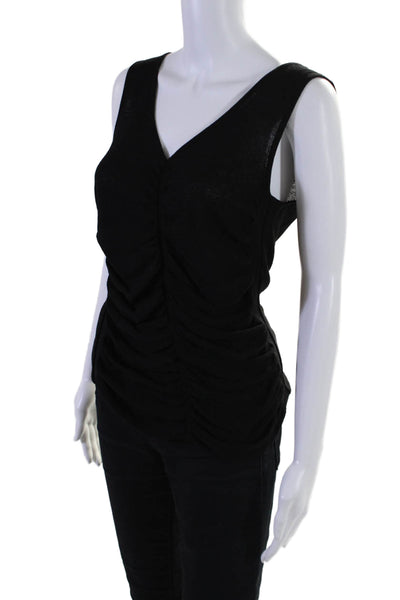 Escada Womens Wool Terry Ruched Front Sleeveless V-Neck Blouse Top Black Size 40