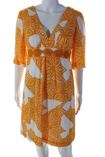 Trina Turk Womens Back Zip 3/4 Sleeve V Neck Printed Dress Orange White Size 2