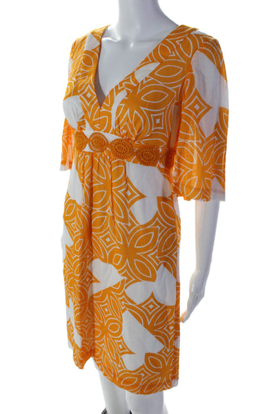 Trina Turk Womens Back Zip 3/4 Sleeve V Neck Printed Dress Orange White Size 2