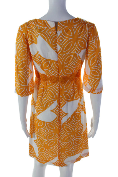 Trina Turk Womens Back Zip 3/4 Sleeve V Neck Printed Dress Orange White Size 2