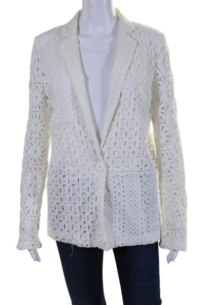 Central Park West Womens Notched Lapel Eyelet Crochet Jacket White Size Small