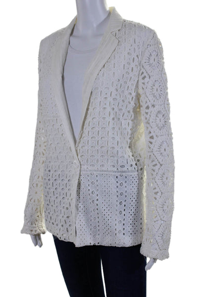 Central Park West Womens Notched Lapel Eyelet Crochet Jacket White Size Small