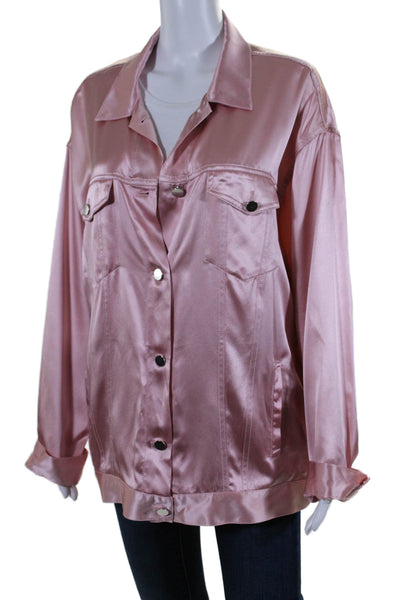 Fleur du Mal Womens Long Sleeve Button Front Collared Silk Jacket Pink Large