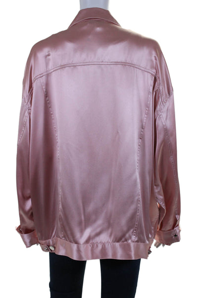 Fleur du Mal Womens Long Sleeve Button Front Collared Silk Jacket Pink Large