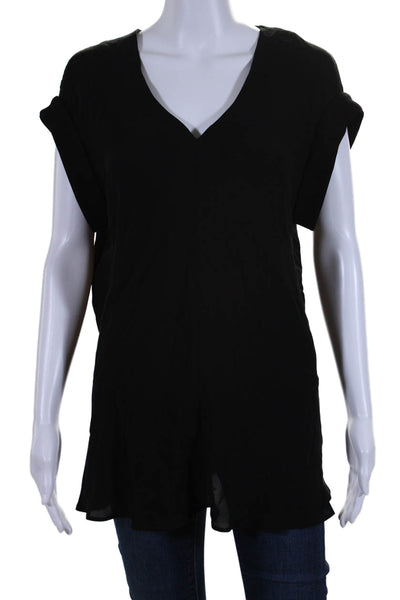 Theory Womens Cuffed Short Sleeve V Neck Silk Blouse Top Black Size Large