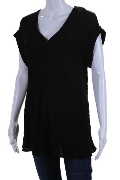 Theory Womens Cuffed Short Sleeve V Neck Silk Blouse Top Black Size Large