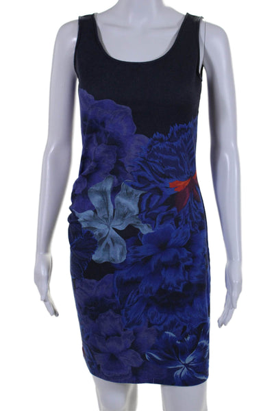 The Kit Women's Round Neck Sleeveless Fitted Floral Mini Dress Blue Size XS