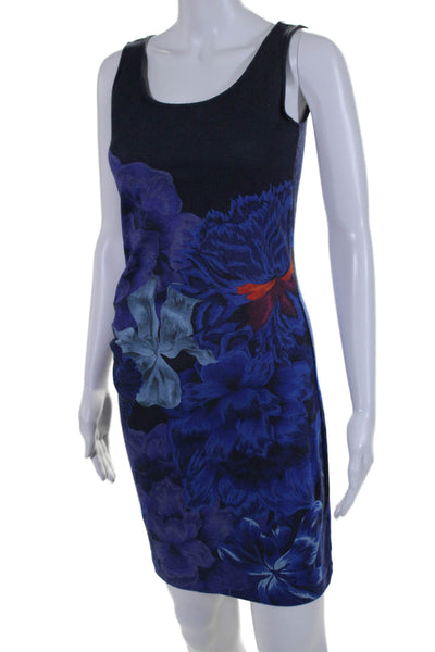 The Kit Women's Round Neck Sleeveless Fitted Floral Mini Dress Blue Size XS