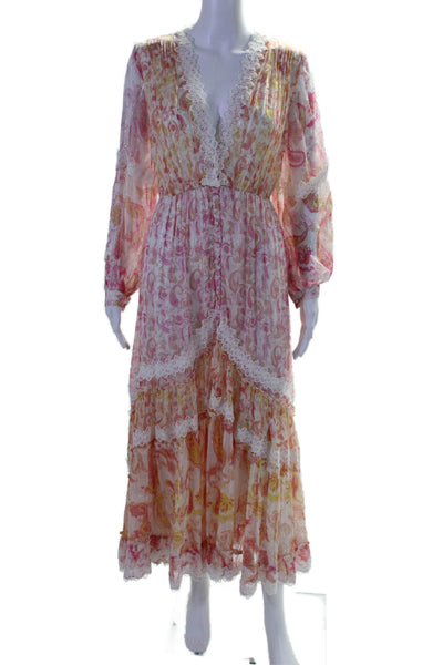 Rococo Sand Womens Paisley Print V Neck Maxi Dress White Pink Size Extra Small