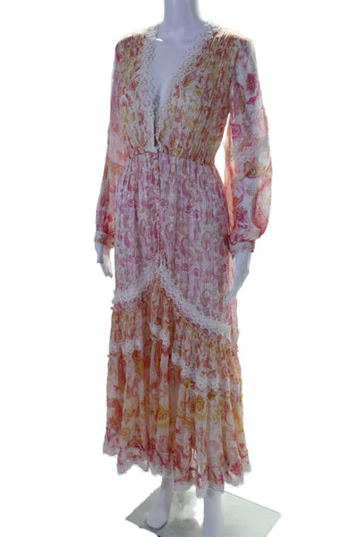 Rococo Sand Womens Paisley Print V Neck Maxi Dress White Pink Size Extra Small