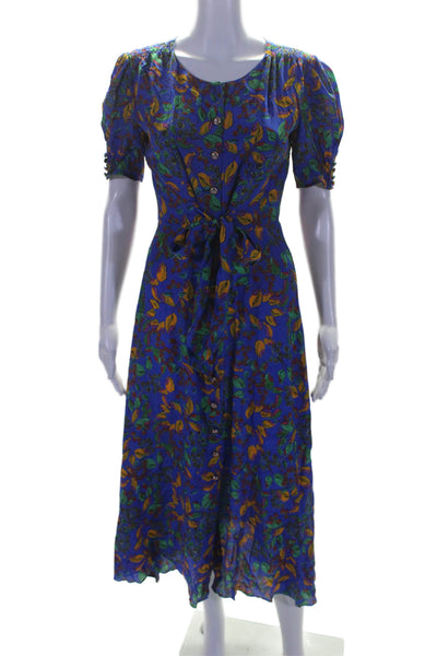 Saloni Womens Silk Floral Print Buttoned Belted Short Sleeve Dress Blue Size 4