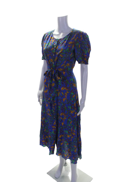 Saloni Womens Silk Floral Print Buttoned Belted Short Sleeve Dress Blue Size 4