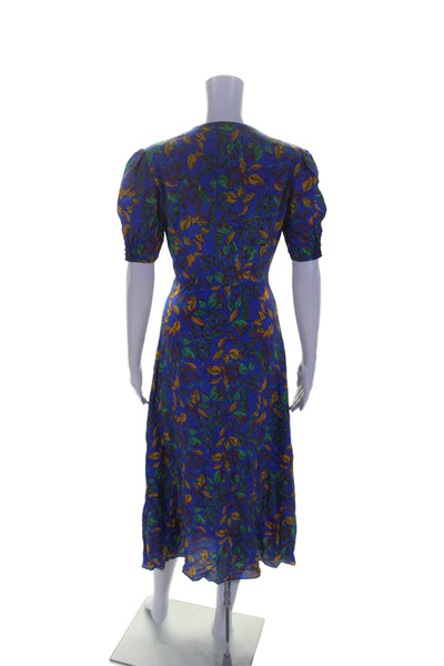 Saloni Womens Silk Floral Print Buttoned Belted Short Sleeve Dress Blue Size 4