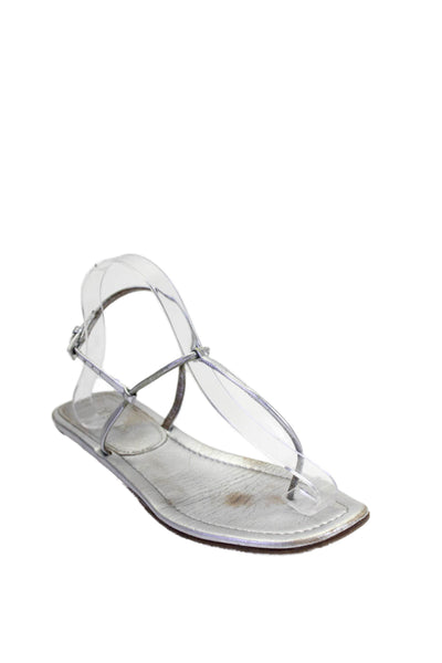 Prada Women's Square Toe T-Straps Flat Ankle Buckle Sandals Silver Size 9