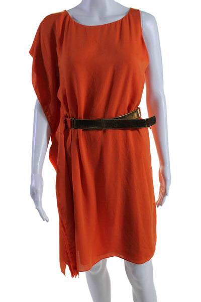 Halston Heritage Womens Orange Crew Neck Sleeveless Belt A-Line Dress Size M