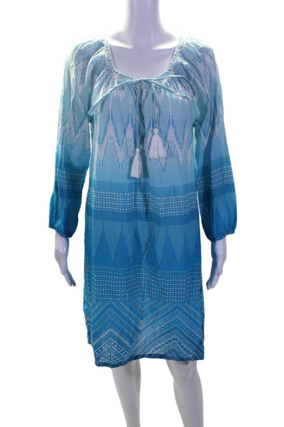 One Season Womens Abstract V-Neck Long Sleeve Pullover Tunic Dress Blue Size L