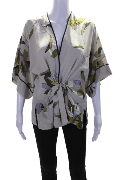 Halston Womens Silk Beige Floral Print Tie Front 3/4 Sleeve Blouse Top Size XS/S