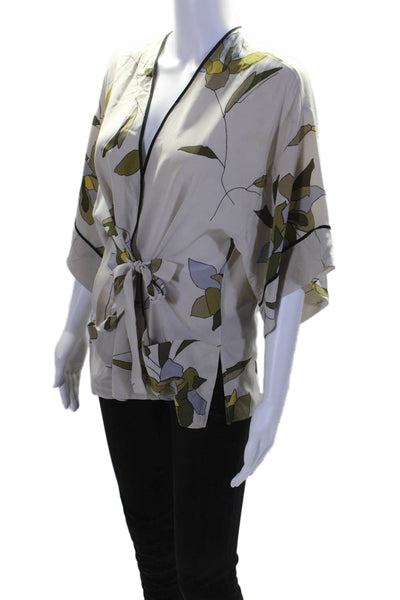 Halston Womens Silk Beige Floral Print Tie Front 3/4 Sleeve Blouse Top Size XS/S