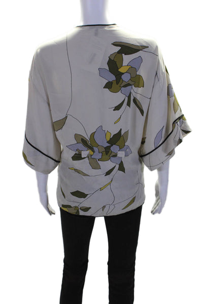 Halston Womens Silk Beige Floral Print Tie Front 3/4 Sleeve Blouse Top Size XS/S