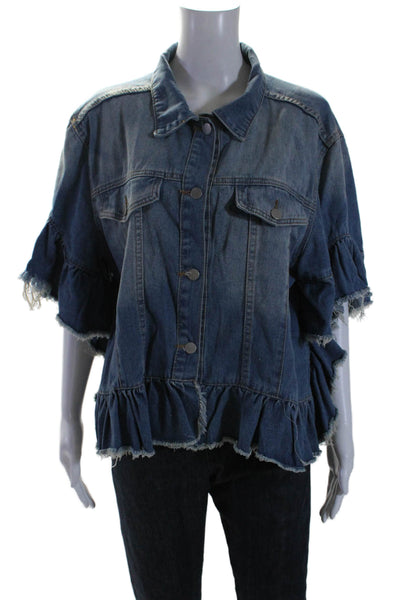 Hayden Womens Cotton Denim Frayed Hem Flounce Sleeve Jean Shacket Blue Size M