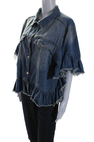 Hayden Womens Cotton Denim Frayed Hem Flounce Sleeve Jean Shacket Blue Size M