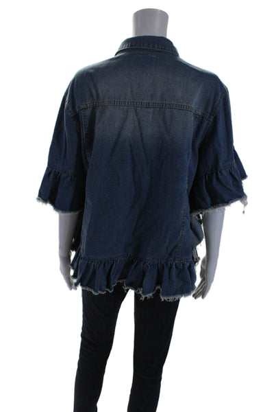 Hayden Womens Cotton Denim Frayed Hem Flounce Sleeve Jean Shacket Blue Size M