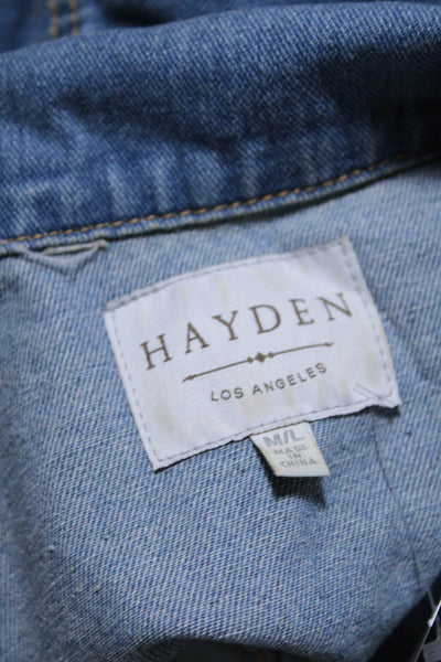 Hayden Womens Cotton Denim Frayed Hem Flounce Sleeve Jean Shacket Blue Size M