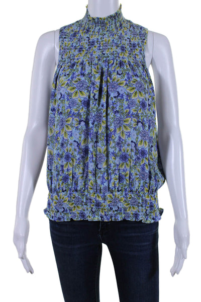 Ramy Brook Womens High Neck Floral Sleeveless Blouse Blue Size XS