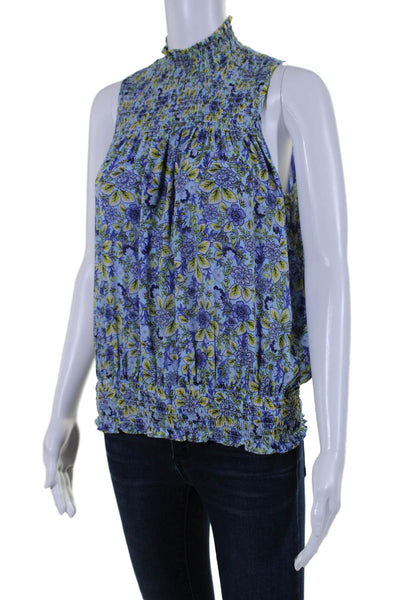 Ramy Brook Womens High Neck Floral Sleeveless Blouse Blue Size XS