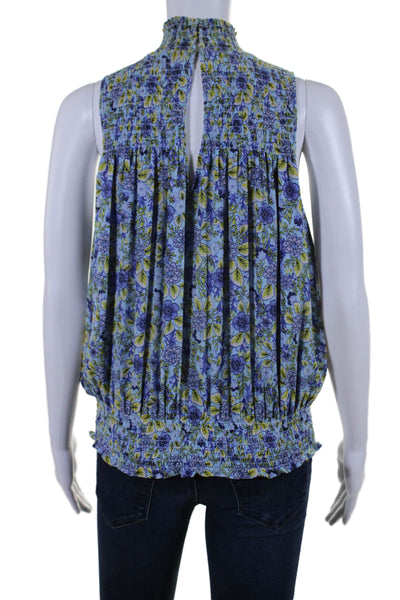 Ramy Brook Womens High Neck Floral Sleeveless Blouse Blue Size XS