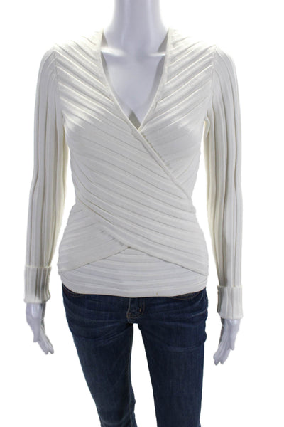 Cinq A Sept Womens Long Sleeve V Neck Ribbed Knit Shirt White Size Extra Small