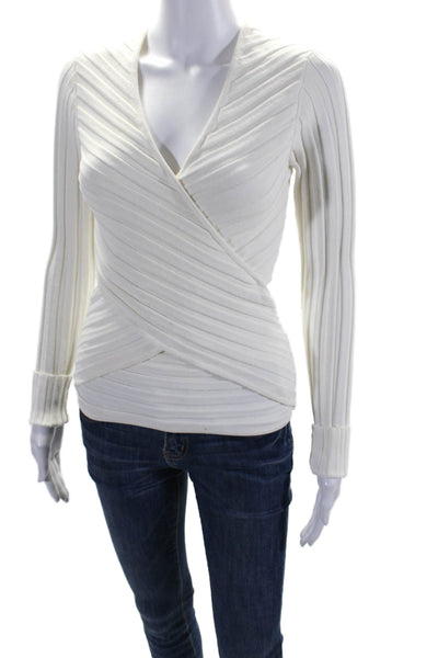 Cinq A Sept Womens Long Sleeve V Neck Ribbed Knit Shirt White Size Extra Small