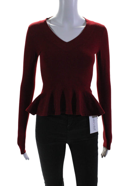 Alaia Womens Long Sleeve V Neck Ruffled Knit Top Red Wool Size IT 36