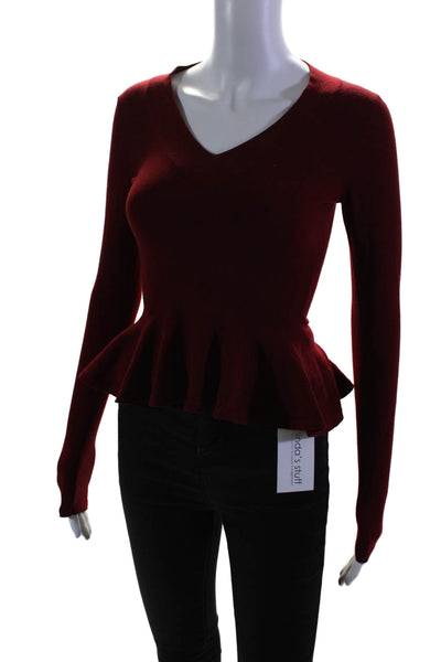 Alaia Womens Long Sleeve V Neck Ruffled Knit Top Red Wool Size IT 36