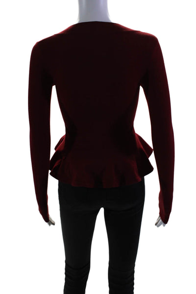 Alaia Womens Long Sleeve V Neck Ruffled Knit Top Red Wool Size IT 36