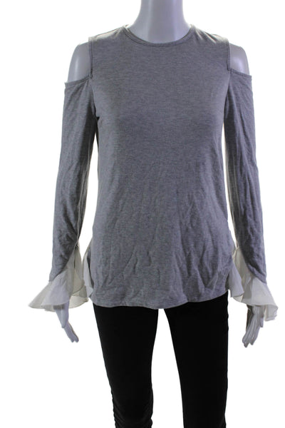 Scripted Womens Long Sleeve Crew Neck Cold Shoulder Shirt Gray White Size XS