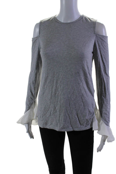 Scripted Womens Long Sleeve Crew Neck Cold Shoulder Shirt Gray White Size XS