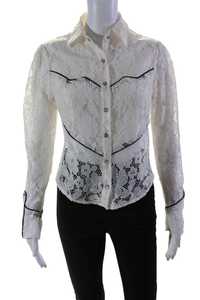 Divine Heritage Womens Button Front Collared Long Sleeve Lace Top White Size XS