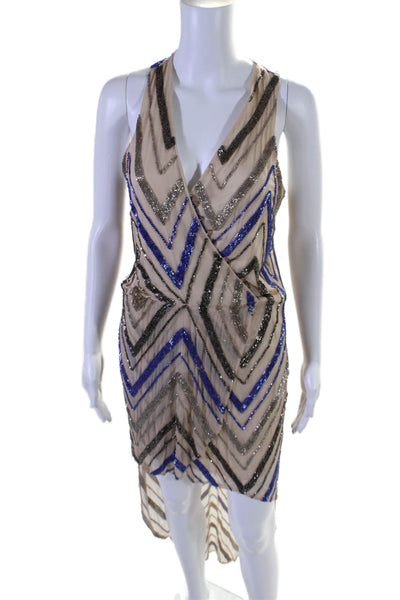 Parker Womens Silk Beaded V-Neck Sleeveless Pullover High-Low Dress Beige Size S