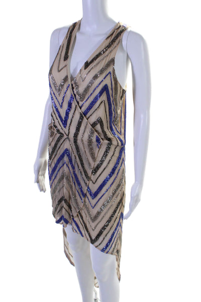 Parker Womens Silk Beaded V-Neck Sleeveless Pullover High-Low Dress Beige Size S