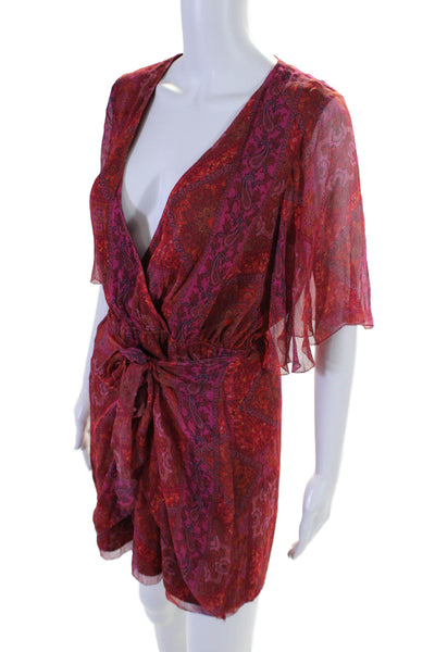 House of Harlow 1960 Womens Short Sleeve Paisley Print V Neck Dress Red Size S