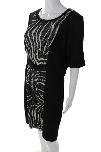 T Tahari Womens Black Printed Crew Neck Short Sleeve Shift Dress Size M