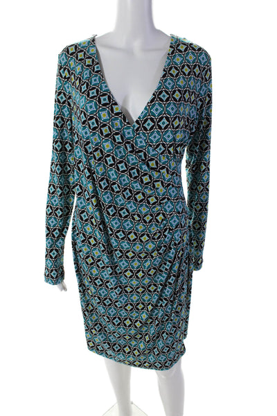 Calvin Klein Womens Teal Printed V-neck Long Sleeve Slit Shift Dress Size 12