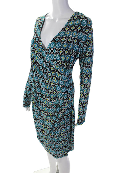 Calvin Klein Womens Teal Printed V-neck Long Sleeve Slit Shift Dress Size 12