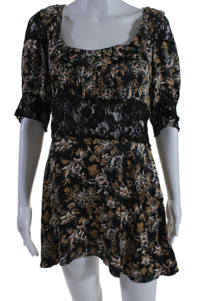 Free People Womens Scoop Neck Floral Lace Trim Mini Dress Black Size 4