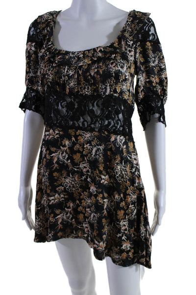 Free People Womens Scoop Neck Floral Lace Trim Mini Dress Black Size 4