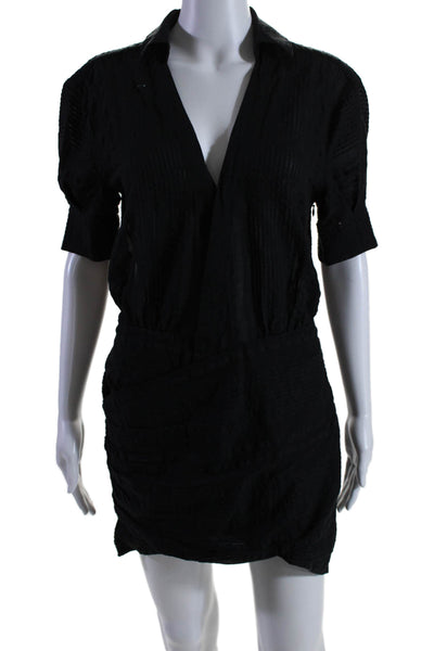 L'Academie Womens Cotton Short Sleeve V Neck Collared Mini Dress Black Size S