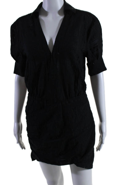 L'Academie Womens Cotton Short Sleeve V Neck Collared Mini Dress Black Size S