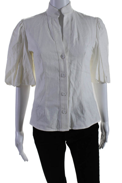 Petersyn Women's Round Neck Short Sleeves Button Down Blouse White Size XS